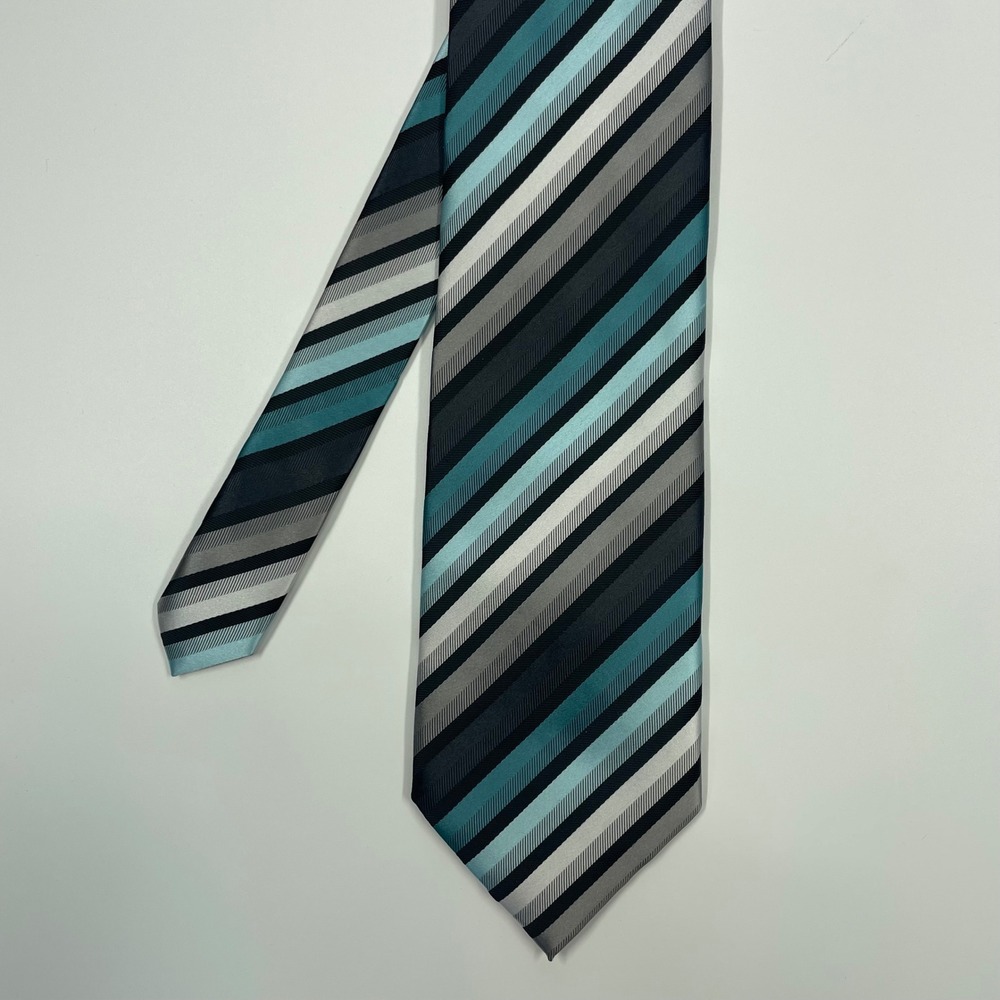 Valerio Garati Teal Grey Striped Handmade Polyester Necktie Mens OS